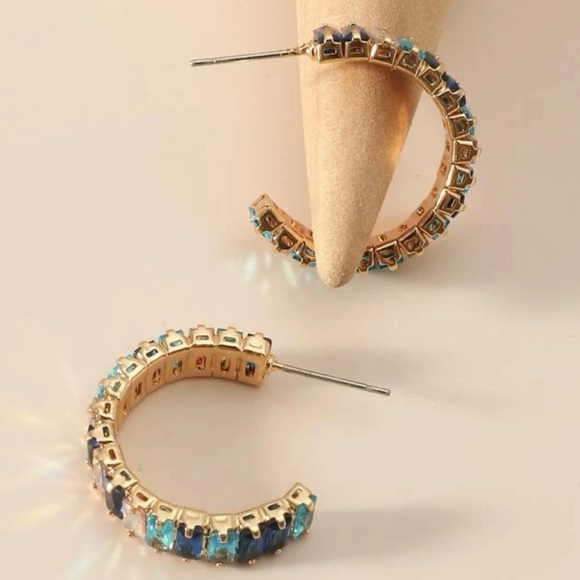 Blue Cubic Zirconia 14k Hoop Earrings - Picture 2 of 5